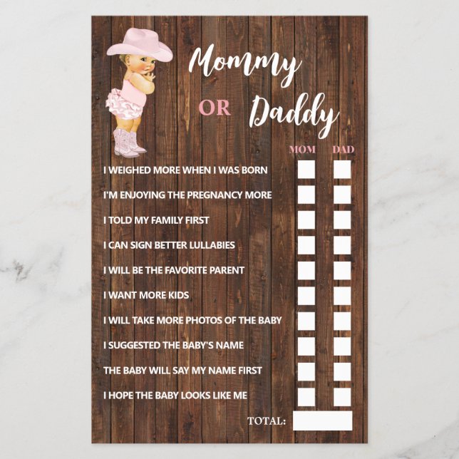 Pink Cowgirl Mum or Dad Said Baby Shower Game Card (Front)