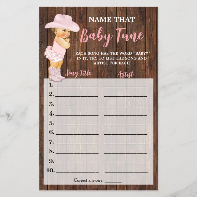 Pink Cowgirl Name that Baby Tune Shower Game Card (Front)
