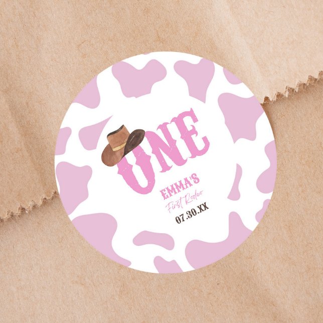 Pink Cowgirl ONE First Rodeo 1st Birthday Party Classic Round Sticker (Creator Uploaded)
