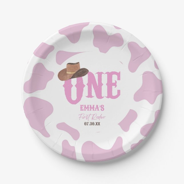 Pink Cowgirl ONE First Rodeo 1st Birthday Party Paper Plate (Front)