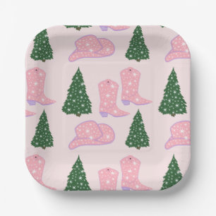 Pink Cowgirl Rodeo Hat Christmas Tree Square Paper Plate