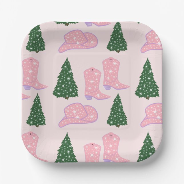 Pink Cowgirl Rodeo Hat Christmas Tree Square Paper Plate (Front)