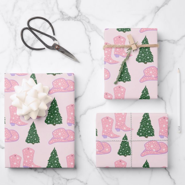 Pink Cowgirl Rodeo Hat Christmas Tree Wrapping Paper Sheet (Front)
