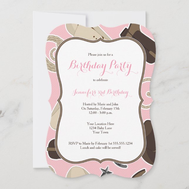 Pink Cowgirl Theme Birthday Party Invitation (Front)