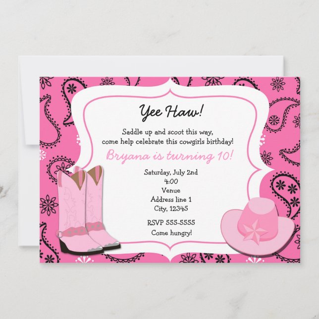 Pink Cowgirl Western Bandanna Paisley Invitation (Front)
