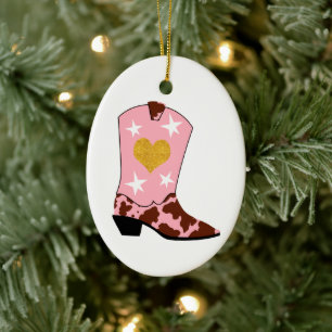 Pink Cowgirl Western Boot Christmas Ceramic Tree Decoration