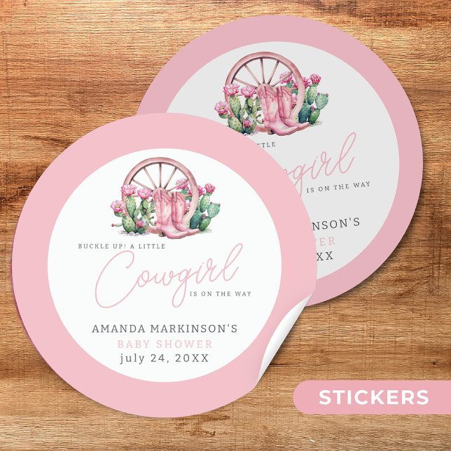 Pink Cowgirl Western Cactus Baby Shower Classic Round Sticker (Creator Uploaded)