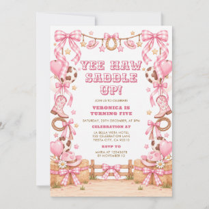 Pink Cowgirl Yee Haw 5th Birthday Wild Western Invitation