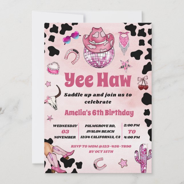  Pink Cowgirl Yee Haw Rodeo West Coquette Birthday Invitation (Front)