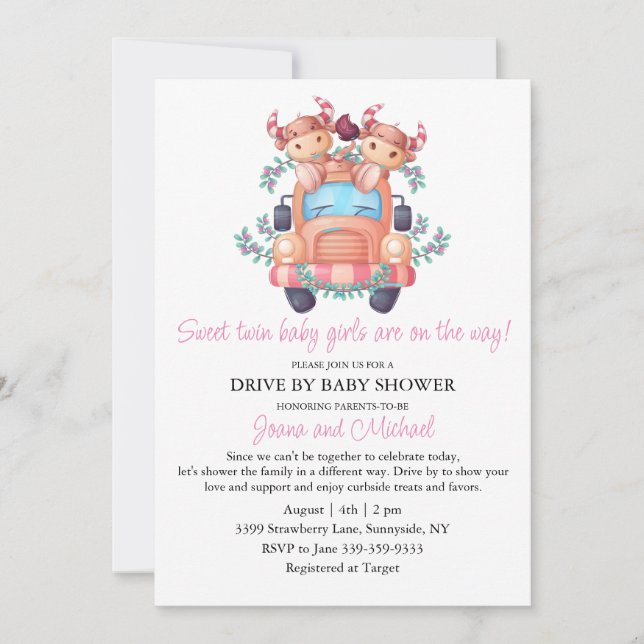 Pink Cows Pink Car Twin Girls Drive By Baby Shower Invitation (Front)