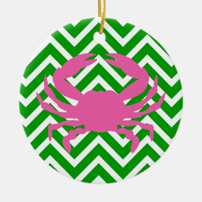 Pink Crab and Green Chevron Monogram Ceramic Tree Decoration (Front)