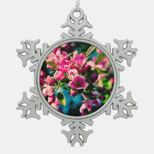 Pink Crab Apple Flowers Snowflake Pewter Christmas Ornament
