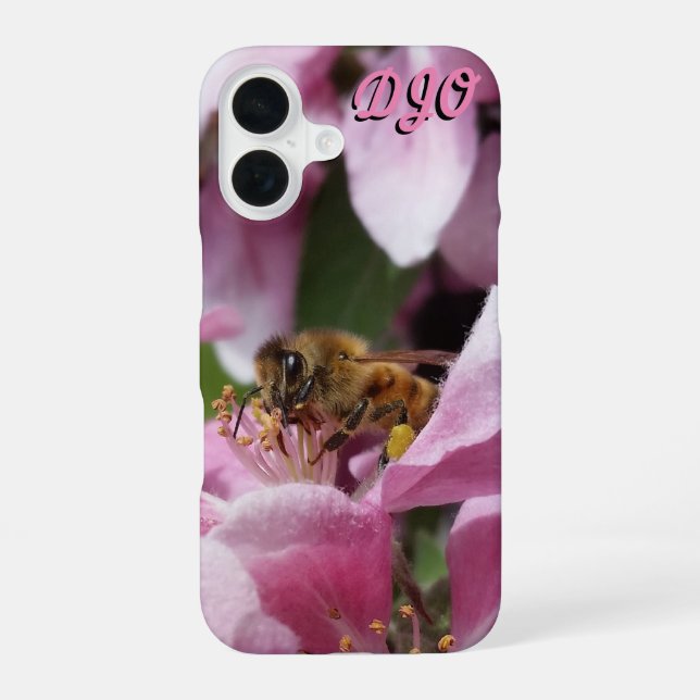 Pink Crab Apple With Bee and your initials iPhone 16 Case (Back)