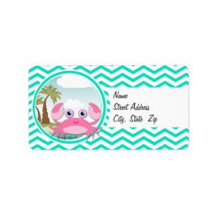 Pink Crab; Aqua Green Chevron Label