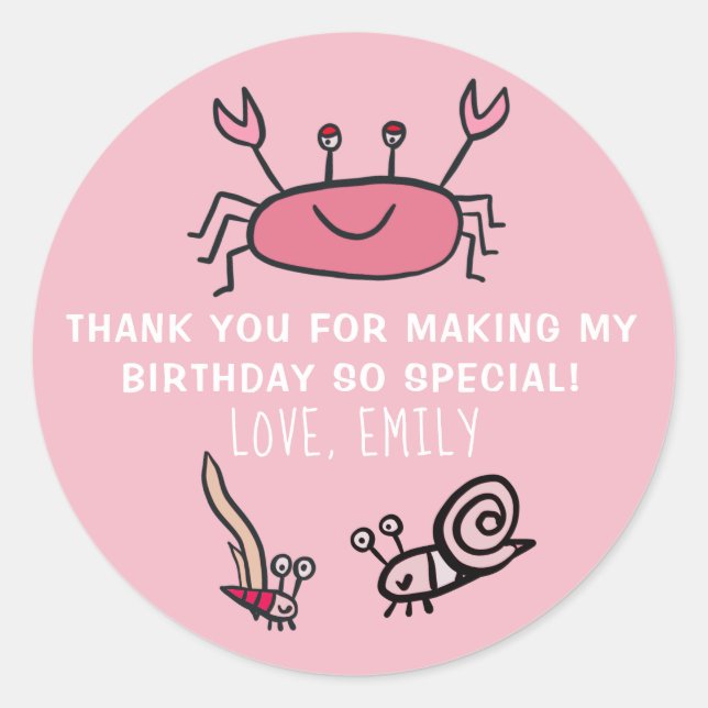 Pink Crab Sea Animal Girl Birthday Favour Sticker (Front)