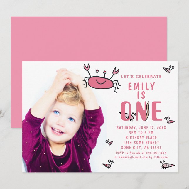 Pink Crab Sea Animals Girl Photo 1st Birthday Invitation (Front/Back)
