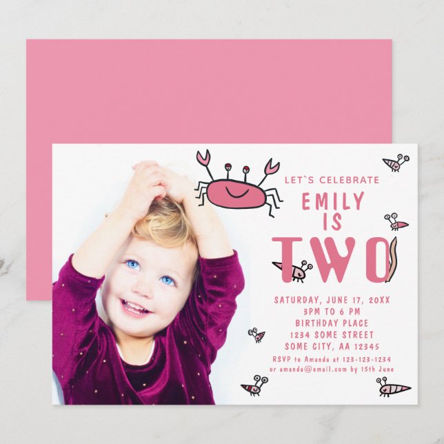 Pink Crab Sea Animals Girl Photo 2nd Birthday  Invitation (Front/Back)