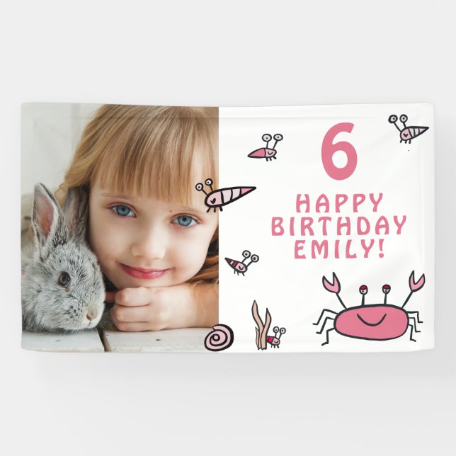 Pink Crab Sea Animals Shell Girl Photo Birthday Banner (Horizontal)