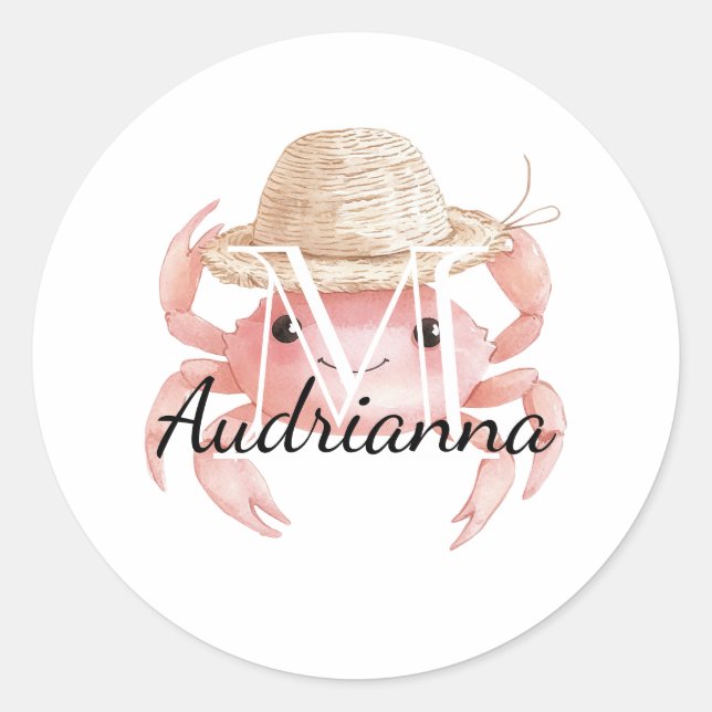 Pink Crab with Hat Monogram Classic Round Sticker (Front)