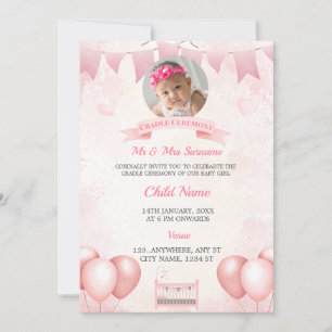 Pink Cradle Baby Photo Invitation Card