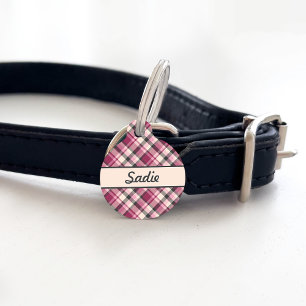 Pink, Cream And Grey Plaid Pattern & Custom Name Pet Tag