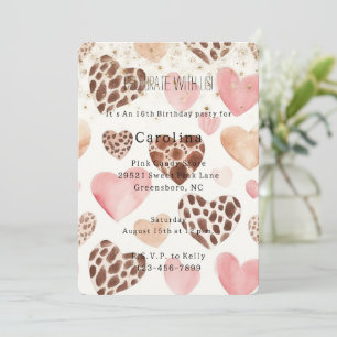 Pink Cream Animal Hearts Gold Sparkle Birthday Invitation