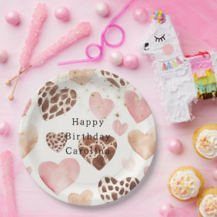 Pink Cream Animal Hearts Gold Sparkle Birthday Paper Plate