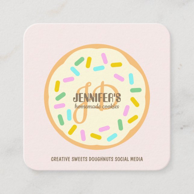 Pink Cream Blush Baked Creative Cookies Doughnut Square Business Card (Front)