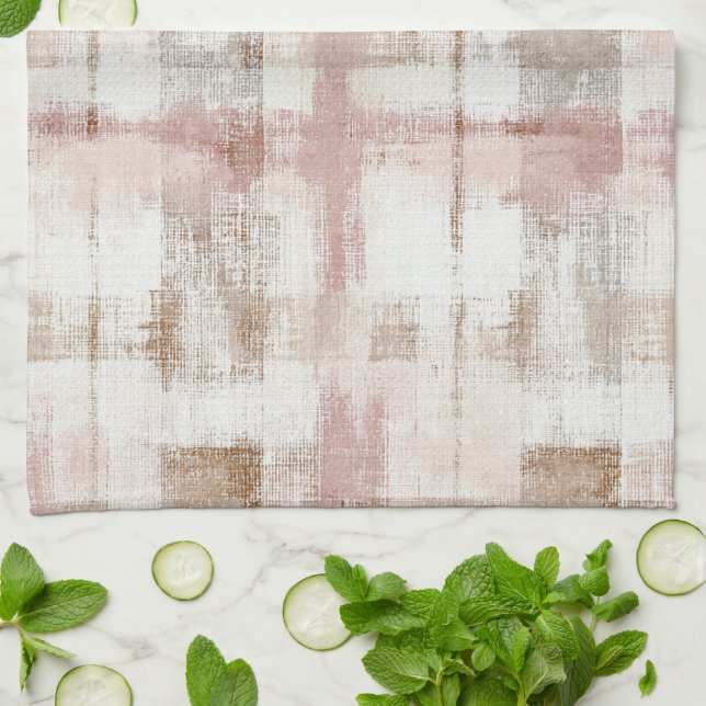 Pink Cream Brown Abstract Stripes Tea Towel (Folded)