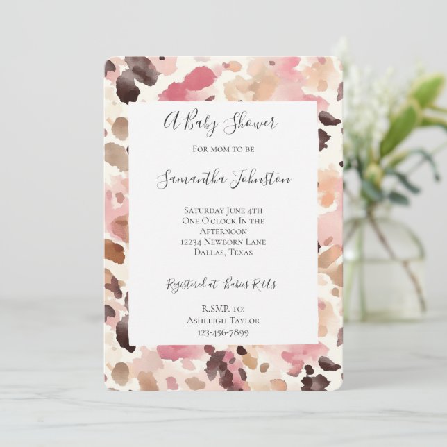 Pink Cream Brown Leopard Animal Print Baby Shower Invitation (Standing Front)