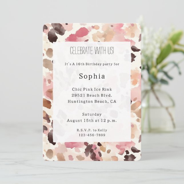 Pink Cream Brown Leopard Birthday Invitation (Standing Front)