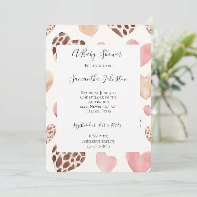 Pink Cream Brown Leopard Hearts Baby Shower Invitation (Standing Front)