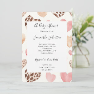 Pink Cream Brown Leopard Hearts Baby Shower Invitation