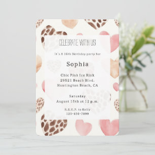 Pink Cream Brown Leopard Hearts Birthday Invitation
