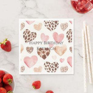 Pink Cream Brown Leopard Hearts Birthday Napkin