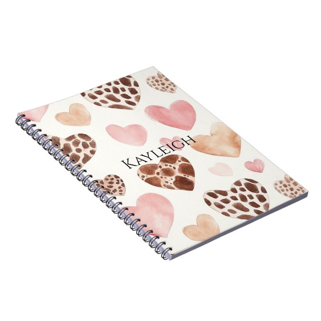 Pink Cream Brown Leopard Hearts Birthday Notebook (Right Side)
