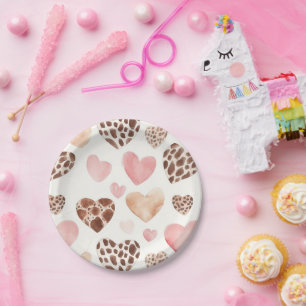 Pink Cream Brown Leopard Hearts Birthday Paper Plate
