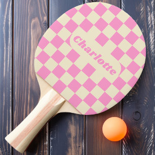 Pink & Cream Chequered with Name Ping Pong Paddle