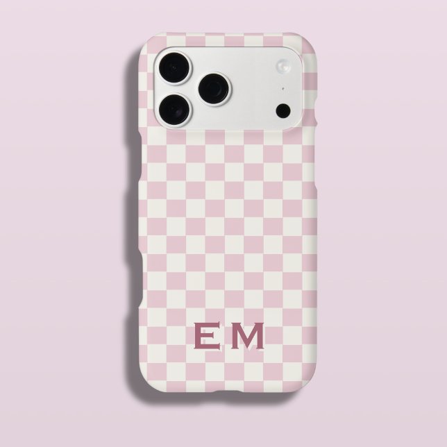 Pink Cream Coastal Chequerboard Chequered Initial (Pink Checkerboard Phone Case with Custom Initials)