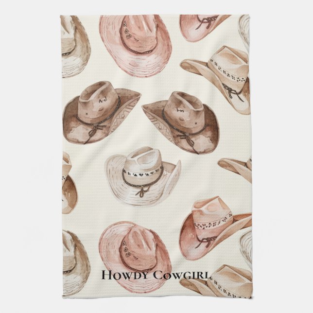 Pink Cream Cowgirl Hats Tea Towel (Vertical)