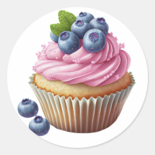 Pink cream cupcake with berries birthday classic round sticker