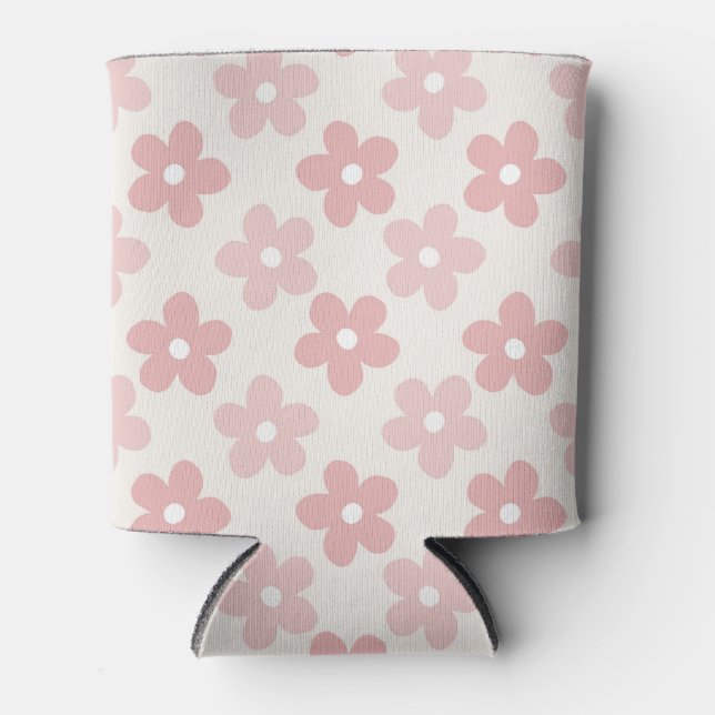 Pink Cream Daisy Flowers Retro Pattern Can Cooler (Front)