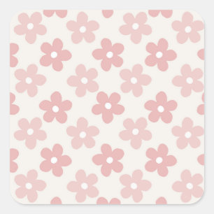 Pink Cream Daisy Flowers Retro Pattern Square Sticker