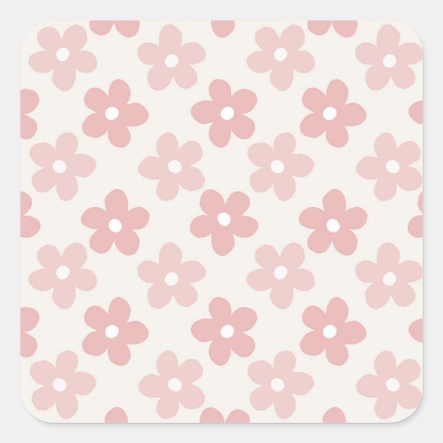 Pink Cream Daisy Flowers Retro Pattern Square Sticker (Front)