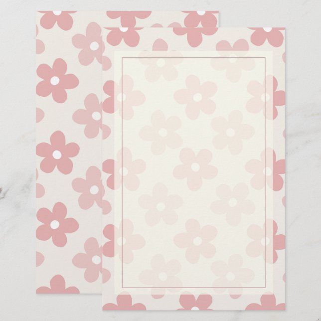 Pink Cream Daisy Flowers Retro Pattern Stationery (Front/Back)