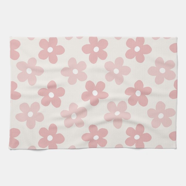 Pink Cream Daisy Flowers Retro Pattern Tea Towel (Horizontal)