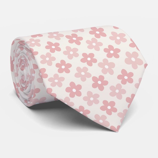 Pink Cream Daisy Flowers Retro Pattern Tie (Rolled)