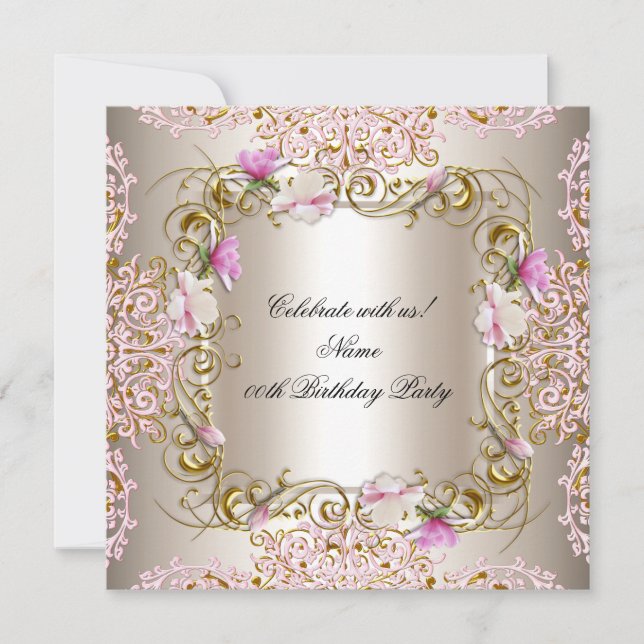 Pink Cream Damask Gold Flowers Birthday Party Invitation (Front)