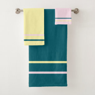 Pink Cream Dark Teal Geometric Stripes Bath Towel Set
