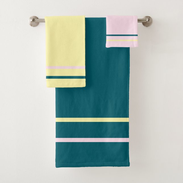 Pink Cream Dark Teal Geometric Stripes  Bath Towel Set (Insitu)
